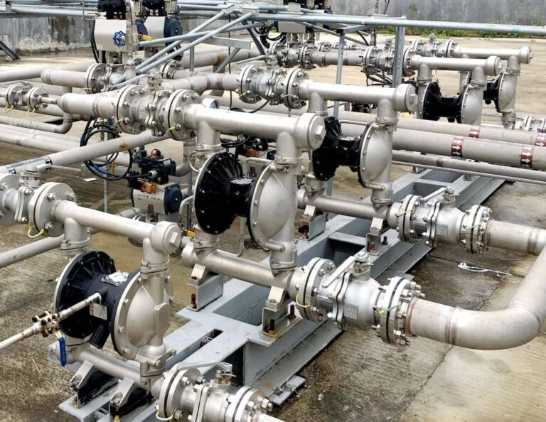 Multiple Pneumatic Pumps and Piping for Fluid Transfer in a Processing Facility 1024x792